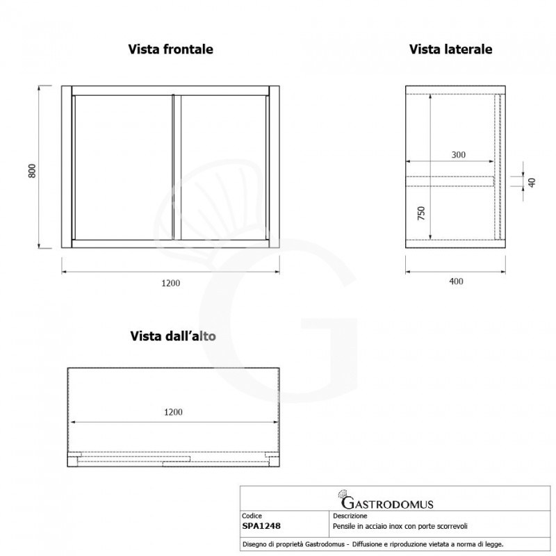 Armario de pared con puertas correderas de acero inoxidable con 1 estante, L 1200 mm x P 400 mm x A 800 mm
