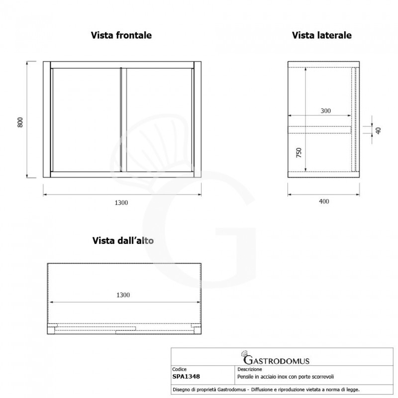 Armario de pared con puertas correderas de acero inoxidable con 1 estante, L 1300 mm x P 400 mm x A 800 mm