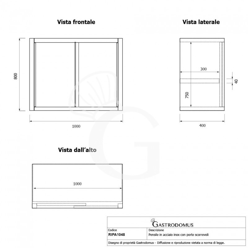 Pensile acciaio inox con porte scorrevoli, 1 ripiano, L 1000 x P 400 x H 800 mm