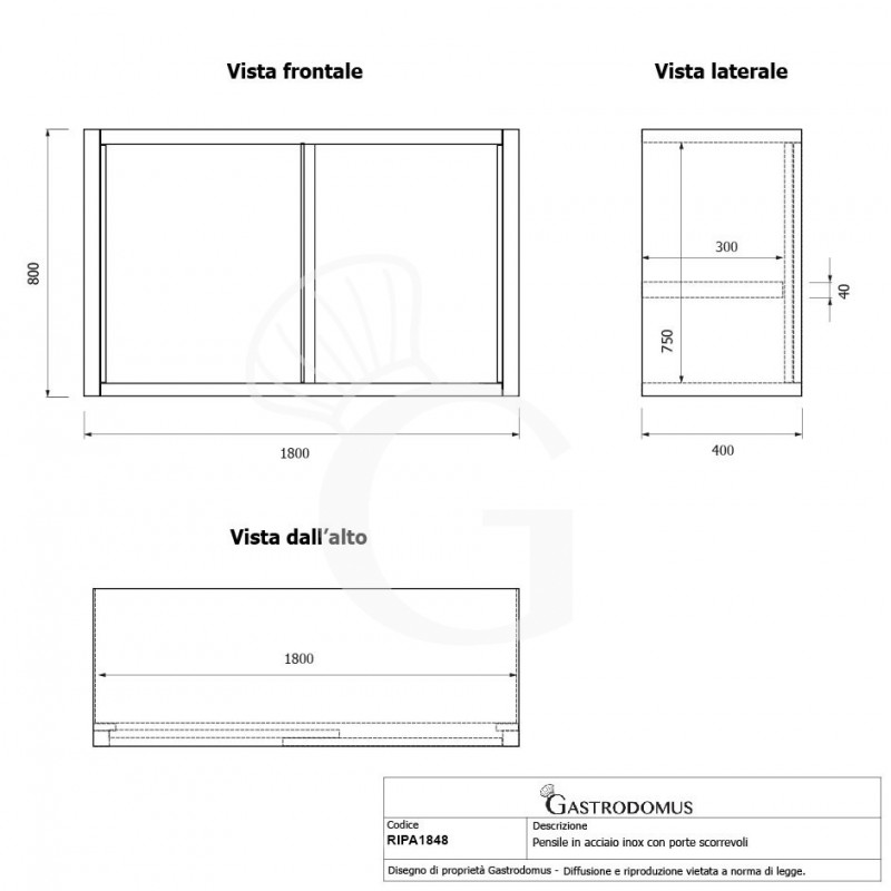 Armario de pared con puertas correderas inox con 1 estante, L 1800 mm x P 400 mm x A 800 mm