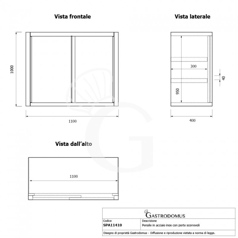 Armario de pared con puertas correderas de acero inoxidable con 2 estantes, L 1100 mm x P 400 mm x A 1000 mm
