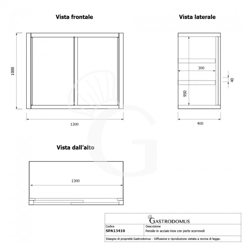 Armario de pared con puertas correderas de acero inoxidable con 2 estantes, L 1300 mm x P 400 mm x A 1000 mm