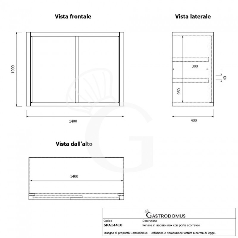 Armario de pared con puertas correderas de acero inoxidable con 2 estantes, L 1400 mm x P 400 mm x A 1000 mm