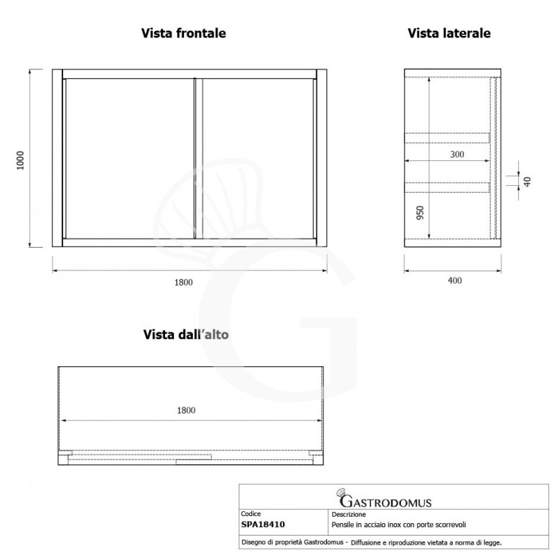 Estantería de pared acero inoxidable con escurridor, 1 estante perforado, puertas correderas L 1800 x P 400 x H 1000 mm