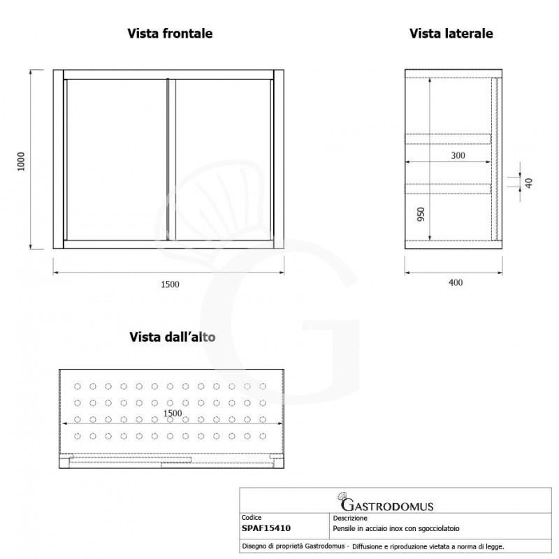 Armario de pared de acero inoxidable con escurridor, puertas correderas, 2 estantes perforados, L 1500 mm x P 400 mm x A 1000 mm