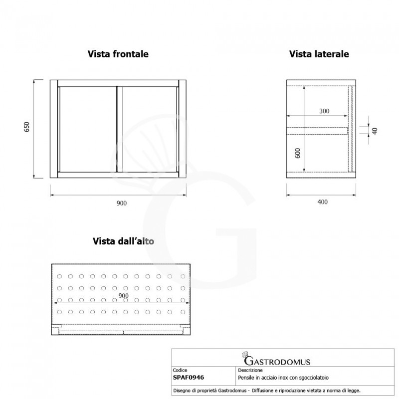 Armario de pared de acero inoxidable con escurridor, 2 puertas batientes, 1 estante perforado, L 900 mm x P 400 mm x A 660 mm