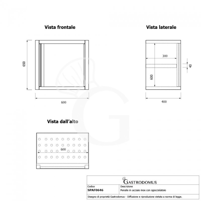 Armario de pared de acero inoxidable con escurridor, 1 puerta batiente, 1 estante perforado, L 600 mm x P 400 mm x A 650 mm