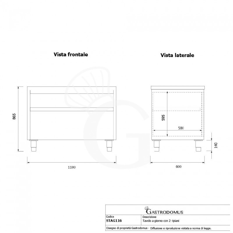 Mesa contrabarra de acero inoxidable con 2 estantes L 1100 mm x P 600 mm x A 865 mm