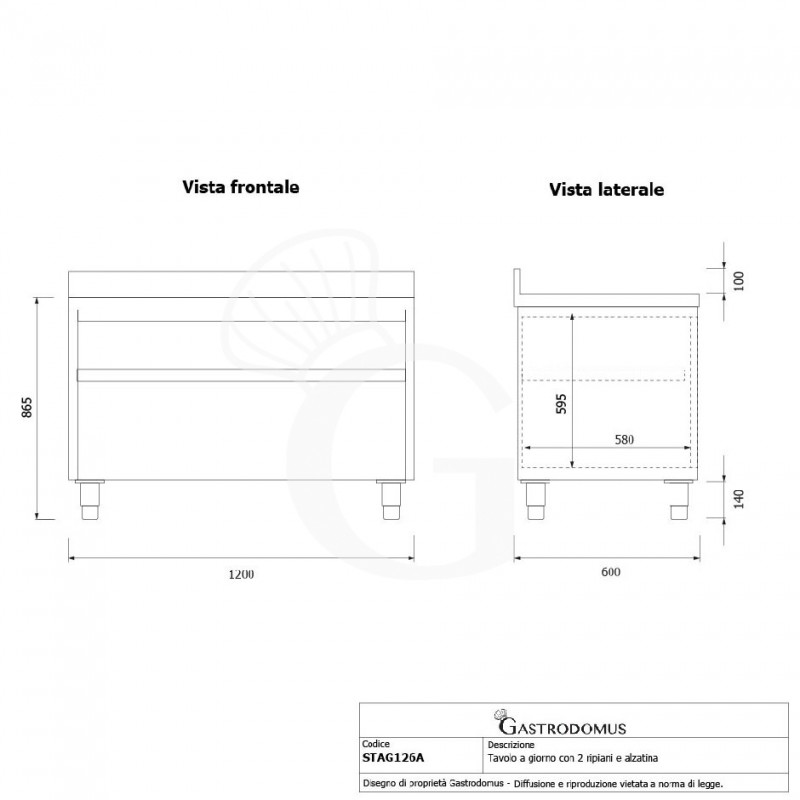 Mesa contrabarra de acero inoxidable con 2 estantes y peto L 1200 mm x P 600 mm x A 965 mm