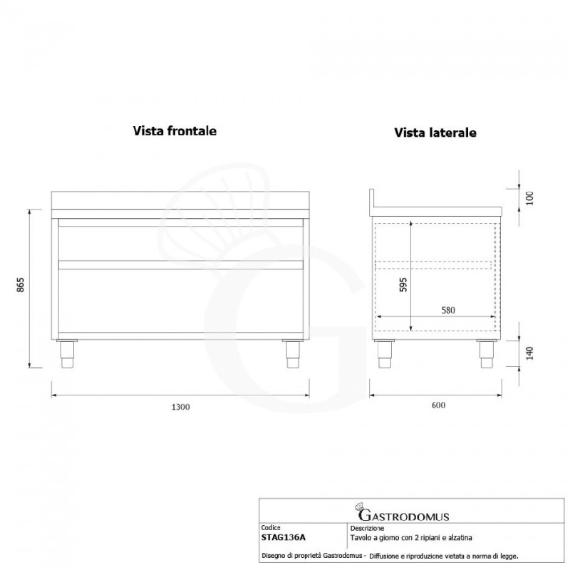 Mesa contrabarra de acero inoxidable con 2 estantes y peto L 1300 mm x P 600 mm x A 965 mm