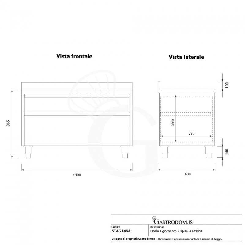 Mesa contrabarra de acero inoxidable con 2 estantes y peto L 1400 mm x P 600 mm x A 965 mm
