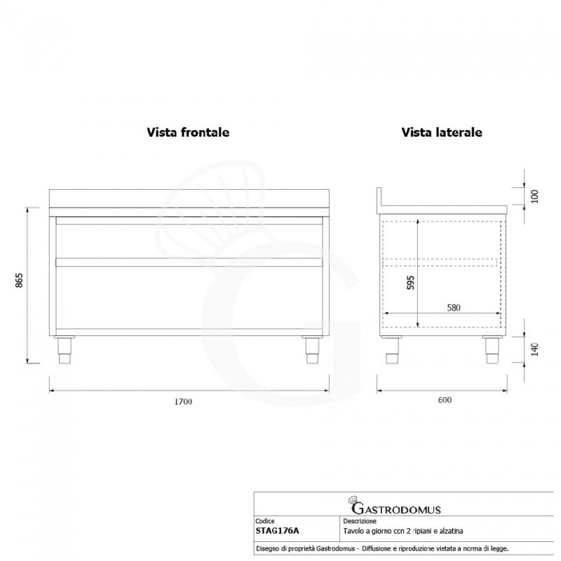 Mesa contrabarra de acero inoxidable con 2 estantes y peto L 1700 mm x P 600 mm x A 965 mm