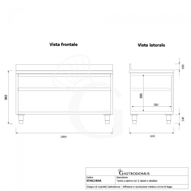 Mesa contrabarra de acero inoxidable con 2 estantes y peto L 1800 mm x P 600 mm x A 965 mm
