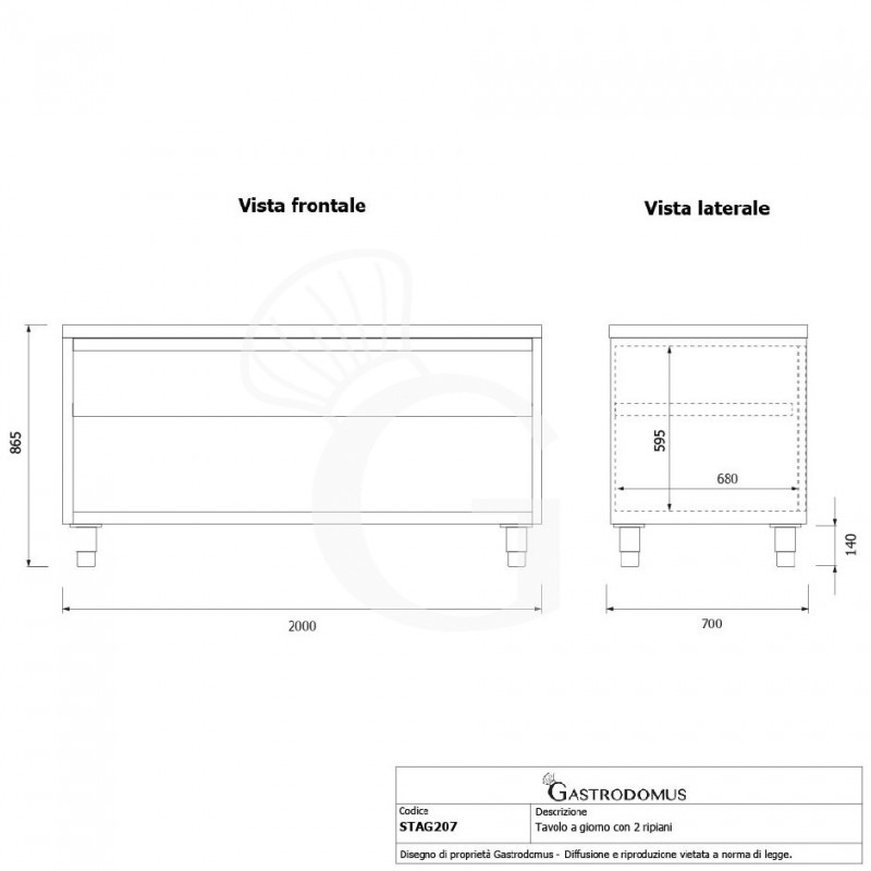 Mesa contrabarra de acero inoxidable con 2 estantes L 2000 mm x P 700 mm x A 865 mm