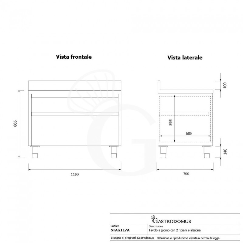 Mesa contrabarra de acero inoxidable con 2 estantes y peto L 1100 mm x P 700 mm x A 965 mm