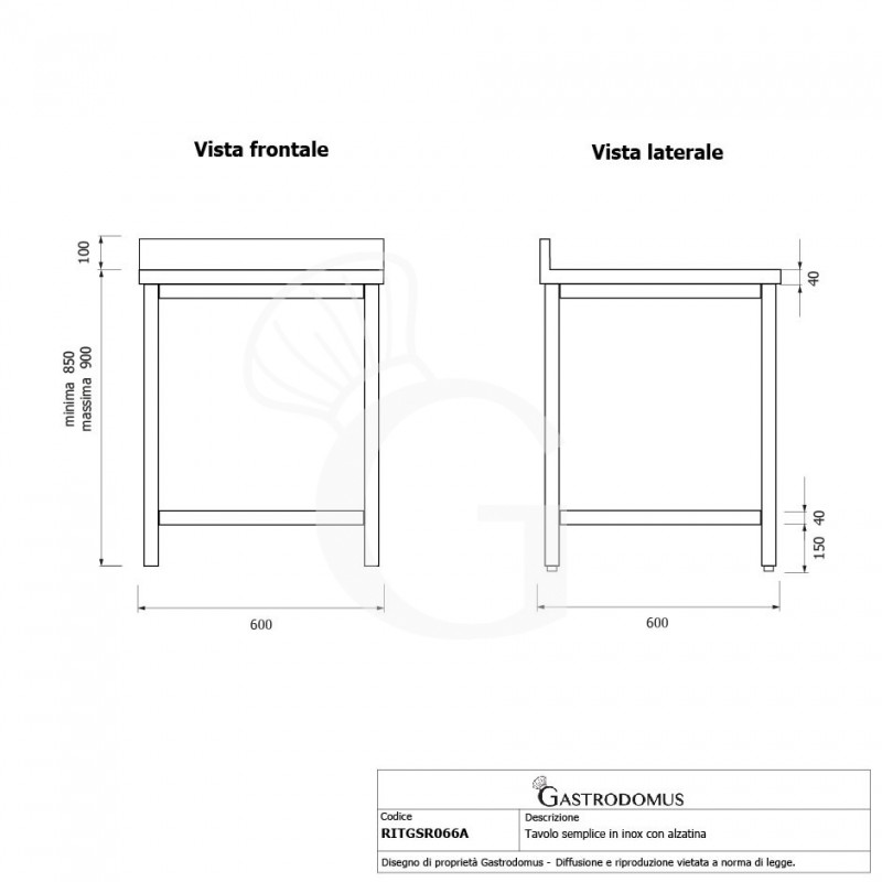 Mesa de acero inoxidable con peto trasero L 600 mm x P 600 mm x A 950 mm