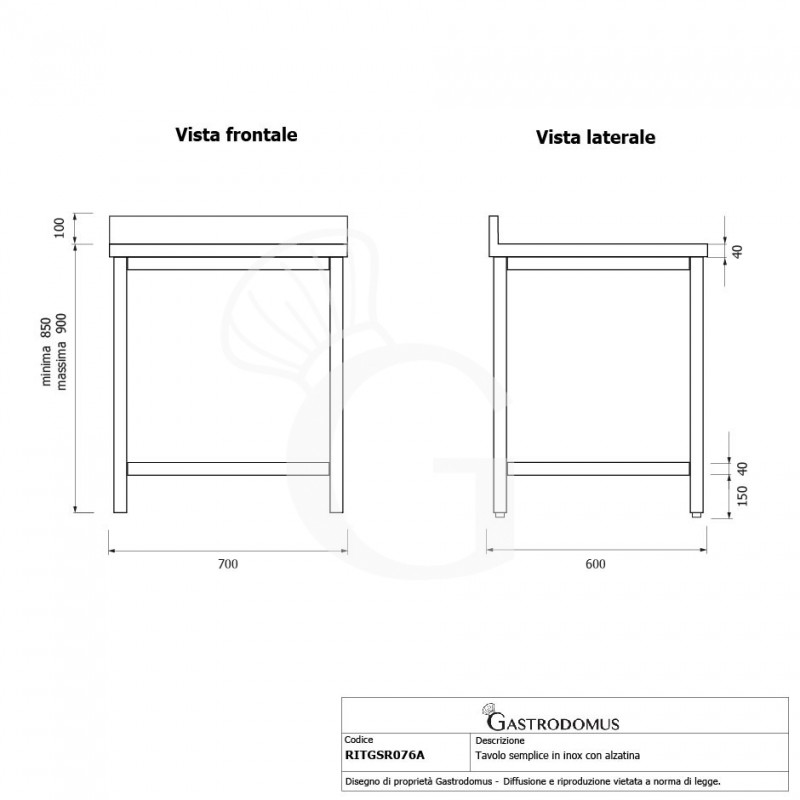Mesa de acero inoxidable con peto trasero L 700 mm x P 600 mm x A 950 mm