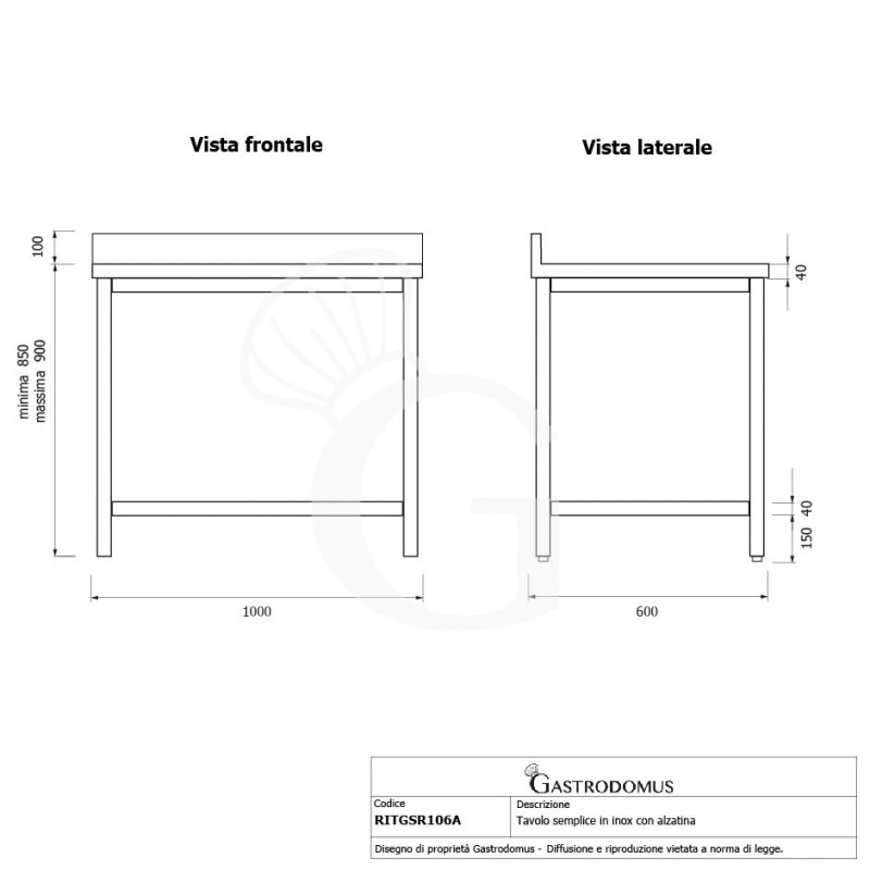 Mesa de acero inoxidable con peto trasero con dimensiones L 1000 mm x P 600 mm x A 950 mm