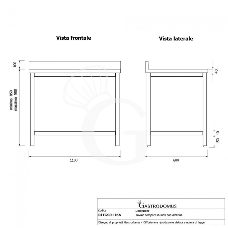 Tavolo inox con alzatina L 1100 mm x P 600 mm x H 950 mm