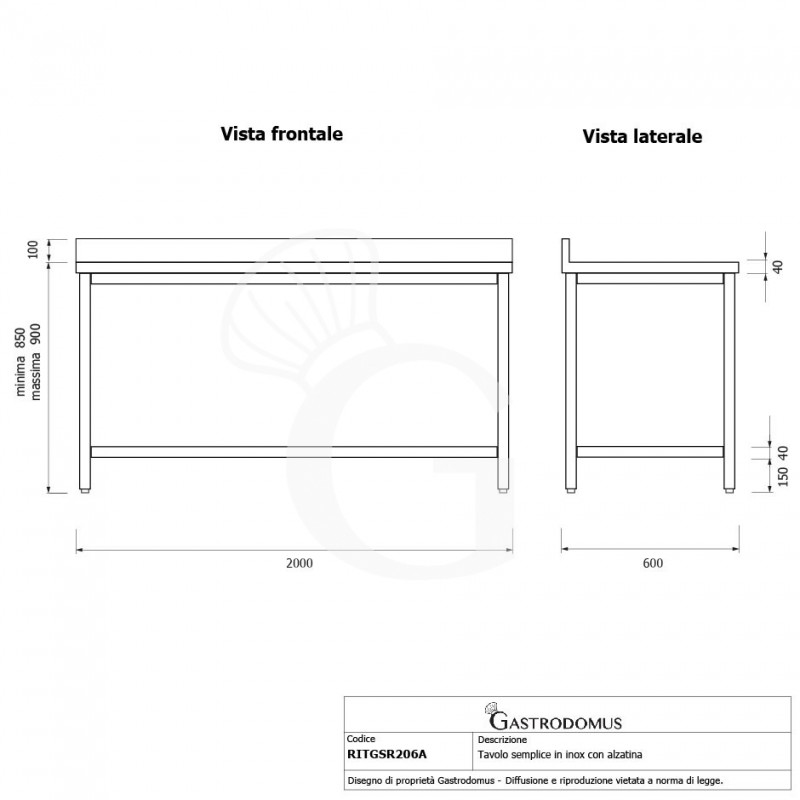 Mesa de acero inoxidable con peto trasero L 2000 mm x P 600 mm x A 950 mm