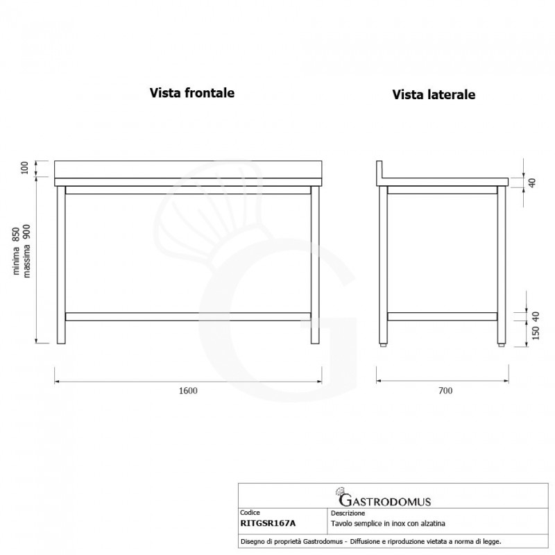 Mesa de acero inoxidable con peto trasero L 1600 mm x P 700 mm x A 950 mm