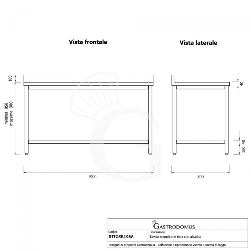 Mesa de acero inoxidable con peto trasero L 1900 mm x P 800 mm x A 950 mm