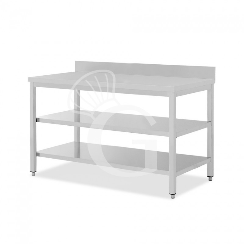 Mesa de acero inoxidable con 2 estantes y peto L 1800 mm x P 600 mm x A 950 mm