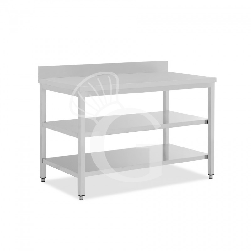 Mesa de acero inoxidable con 2 estantes y peto L 1600 mm x P 600 mm x A 965 mm