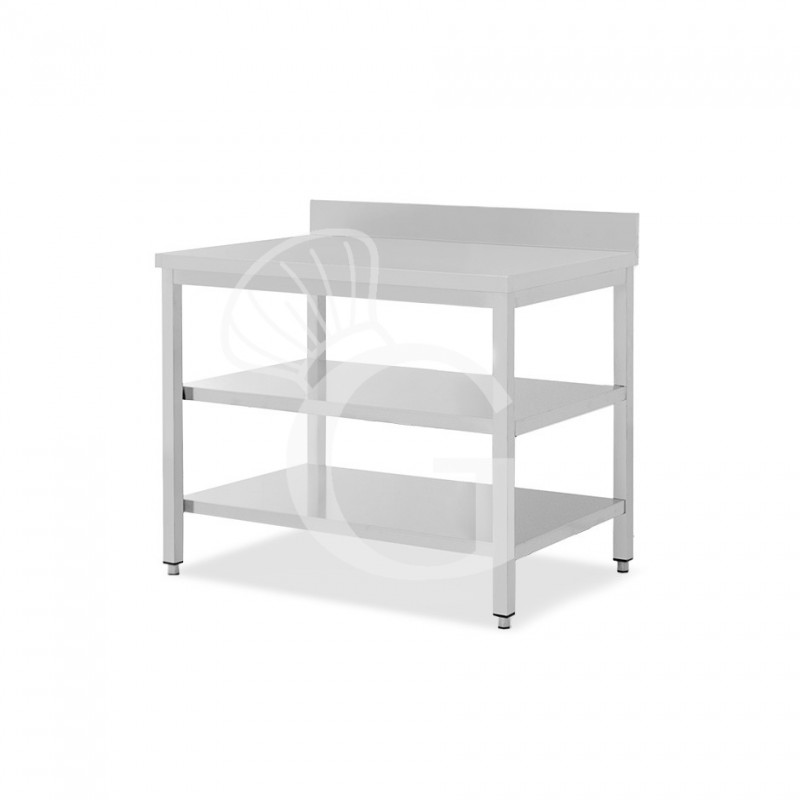 Mesa de trabajo de acero inoxidable con 2 estantes y peto, L 1000 mm x P 600 mm x A 965 mm