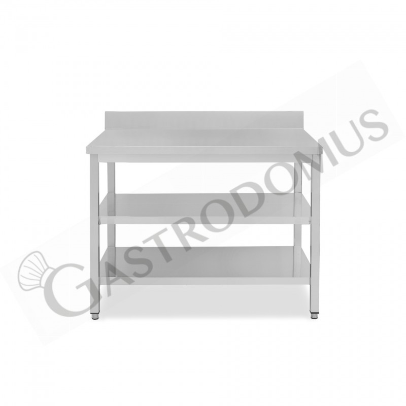 Mesa de trabajo de acero inoxidable con 2 estantes y peto, L 1000 mm x P 600 mm x A 965 mm