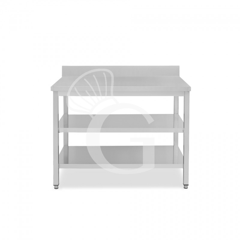 Mesa de trabajo de acero inoxidable con 2 estantes y peto, L 1000 mm x P 600 mm x A 965 mm