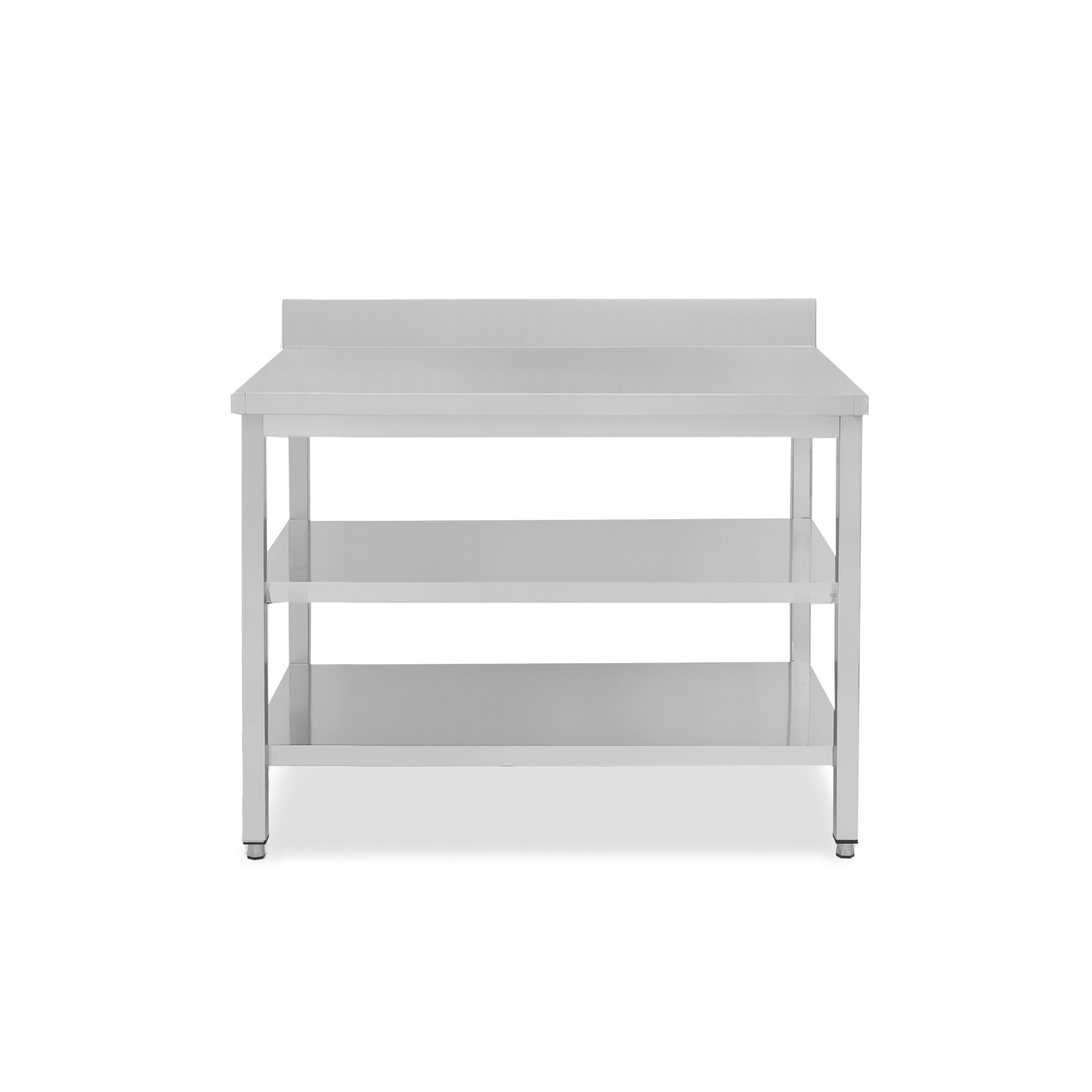 Mesa de trabajo de acero inoxidable con 2 estantes y peto, L 1000 mm x P 600 mm x A 965 mm