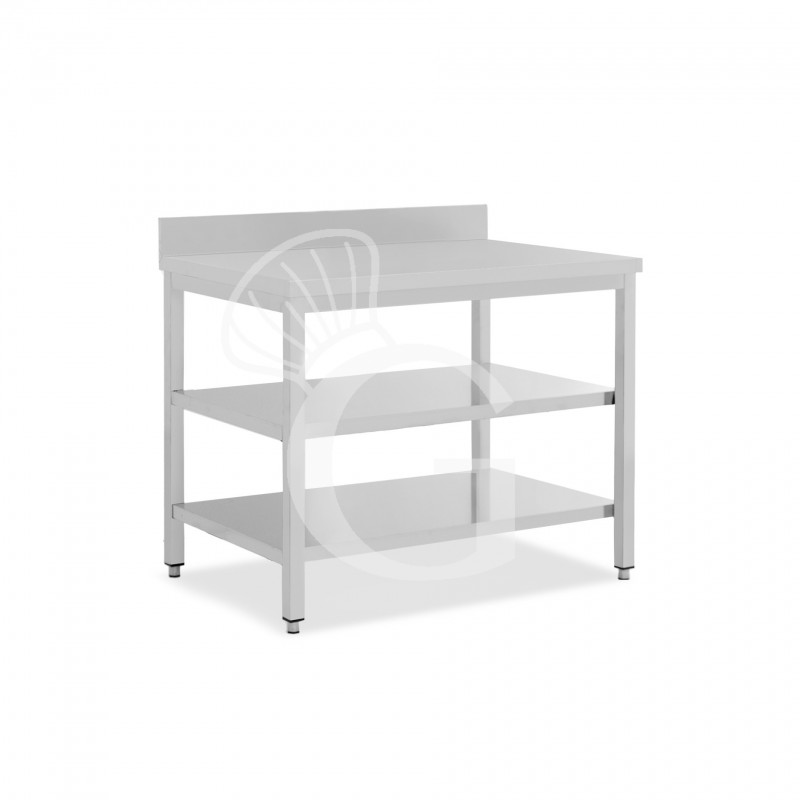 Mesa de trabajo de acero inoxidable con 2 estantes y peto, L 1000 mm x P 600 mm x A 965 mm