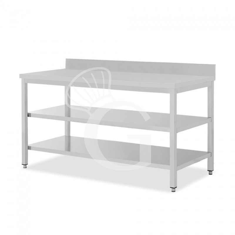 Mesa de trabajo de acero inoxidable con 2 estantes y peto, L 2000 mm x P 600 mm x A 965 mm