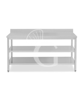 Mesa de trabajo de acero inoxidable con 2 estantes y peto, L 2000 mm x P 600 mm x A 965 mm