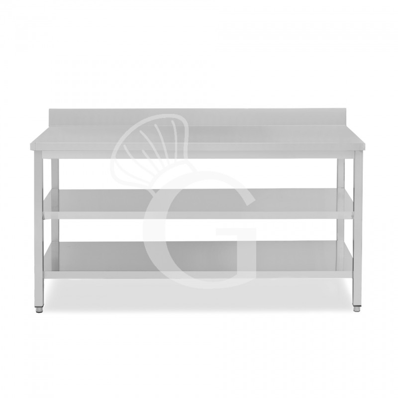 Mesa de trabajo de acero inoxidable con 2 estantes y peto, L 2000 mm x P 600 mm x A 965 mm