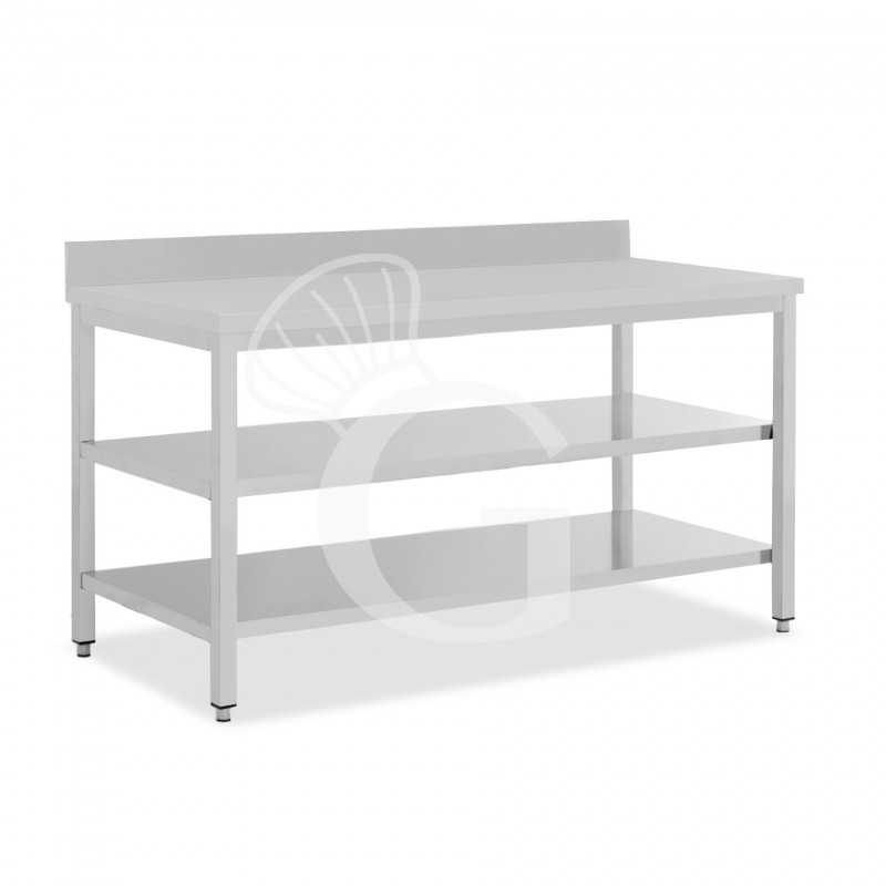Mesa de trabajo de acero inoxidable con 2 estantes y peto, L 2000 mm x P 600 mm x A 965 mm