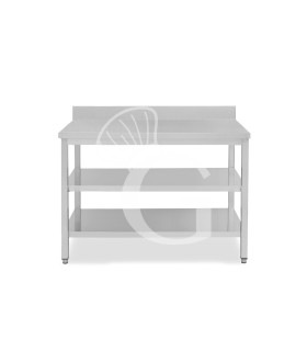 Mesa de trabajo de acero inoxidable con 2 estantes y peto, L 1200 mm x P 700 mm x A 965 mm