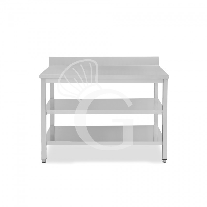 Mesa de trabajo de acero inoxidable con 2 estantes y peto, L 1200 mm x P 700 mm x A 965 mm