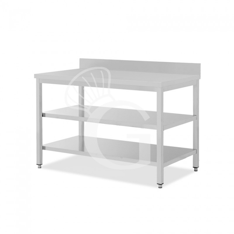 Mesa de acero inoxidable con 2 estantes y peto L 1600 mm x P 700 mm x A 965 mm