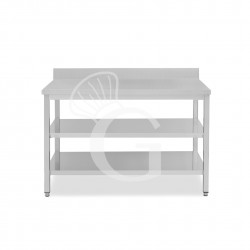 Mesa de acero inoxidable con 2 estantes y peto L 1600 mm x P 700 mm x A 965 mm