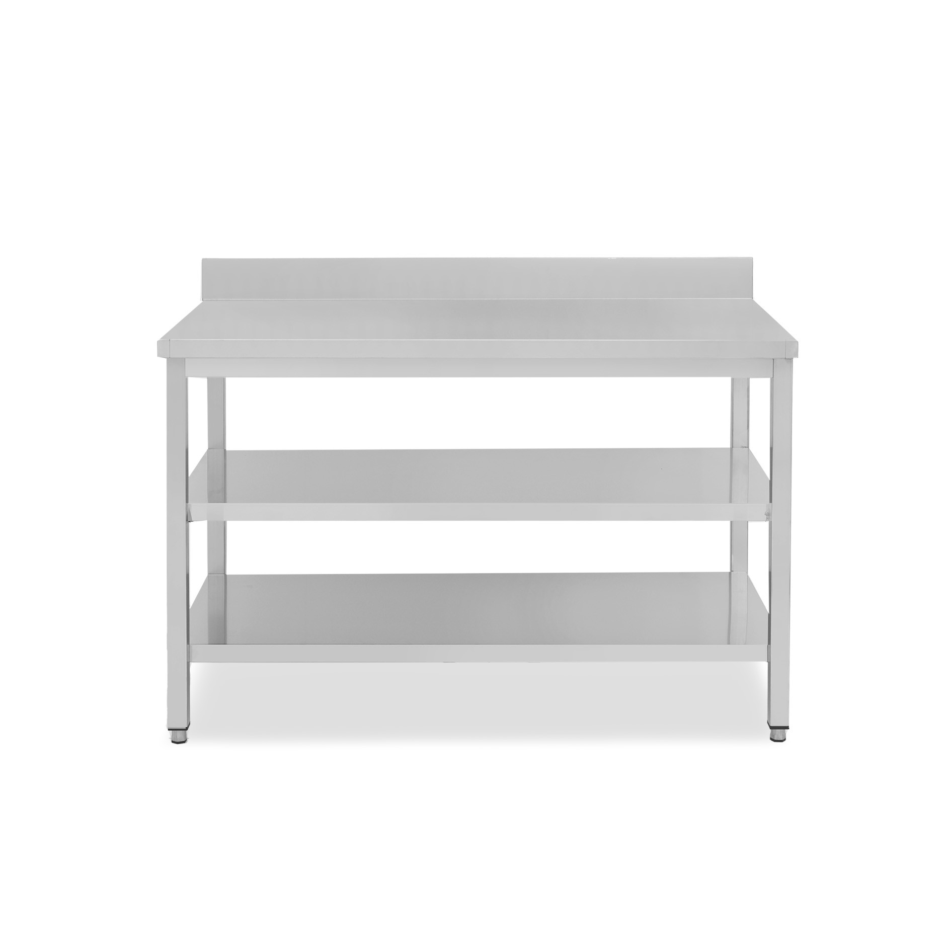 Mesa de acero inoxidable con 2 estantes y peto L 1600 mm x P 700 mm x A 965 mm
