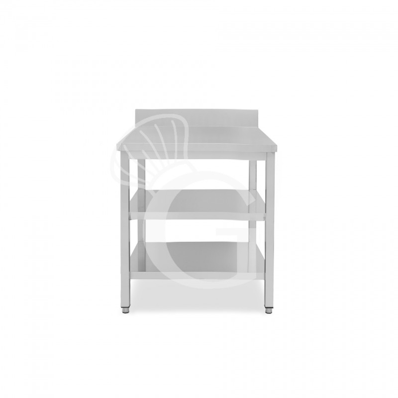 Mesa de trabajo de acero inoxidable con 2 estantes y peto, L 700 mm x P 800 mm x A 965 mm