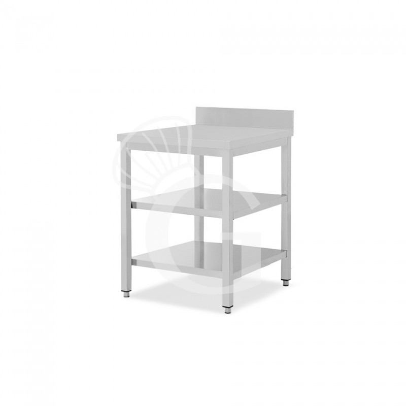 Mesa de acero inoxidable 2 estantes L 400 mm x P 700 mm x A 950 mm, peto trasero