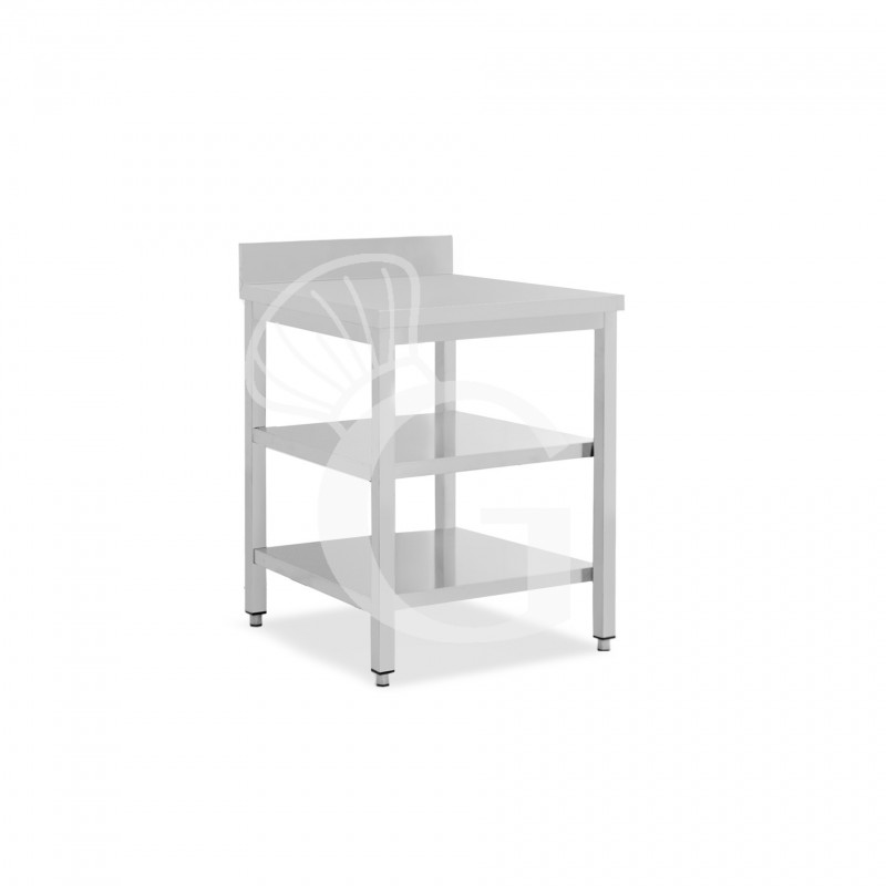 Mesa de acero inoxidable 2 estantes L 400 mm x P 700 mm x A 950 mm, peto trasero