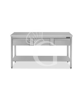 Mesa de acero inoxidable con estante y 3 cajones L 1400 mm x P 600 mm x A 850 mm
