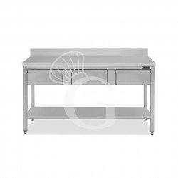 Mesa de acero inoxidable con estante peto 3 cajones L 1500 mm x P 700 mm x A 950 mm