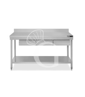 Mesa de trabajo de acero inoxidable con estante, peto trasero, 3 cajones L 1500 mm x P 600 mm x A 965 mm