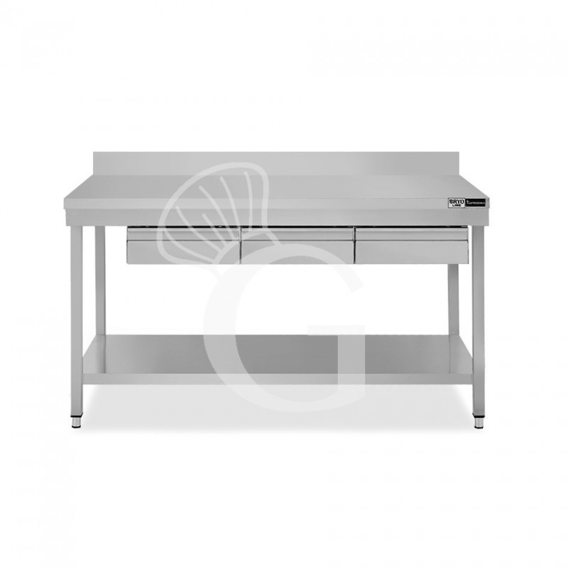 Mesa de trabajo de acero inoxidable con estante, peto trasero, 3 cajones L 1500 mm x P 600 mm x A 965 mm