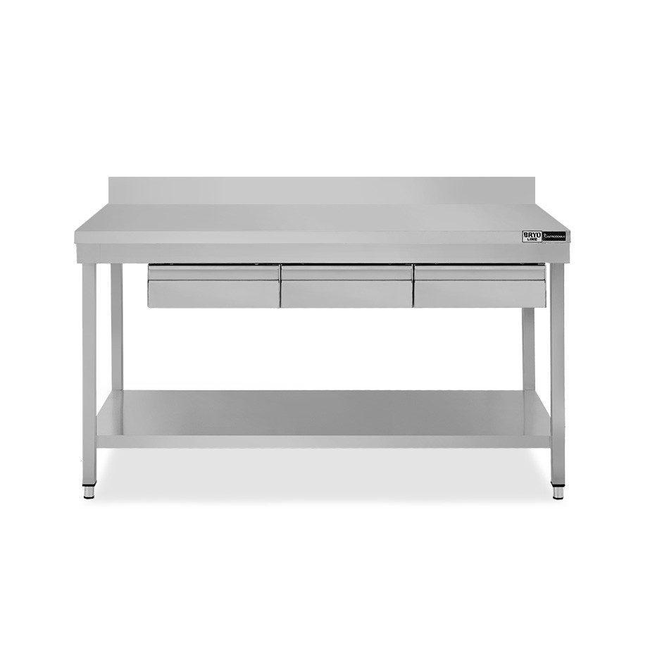 Mesa de trabajo de acero inoxidable con estante, peto trasero, 3 cajones L 1500 mm x P 600 mm x A 965 mm